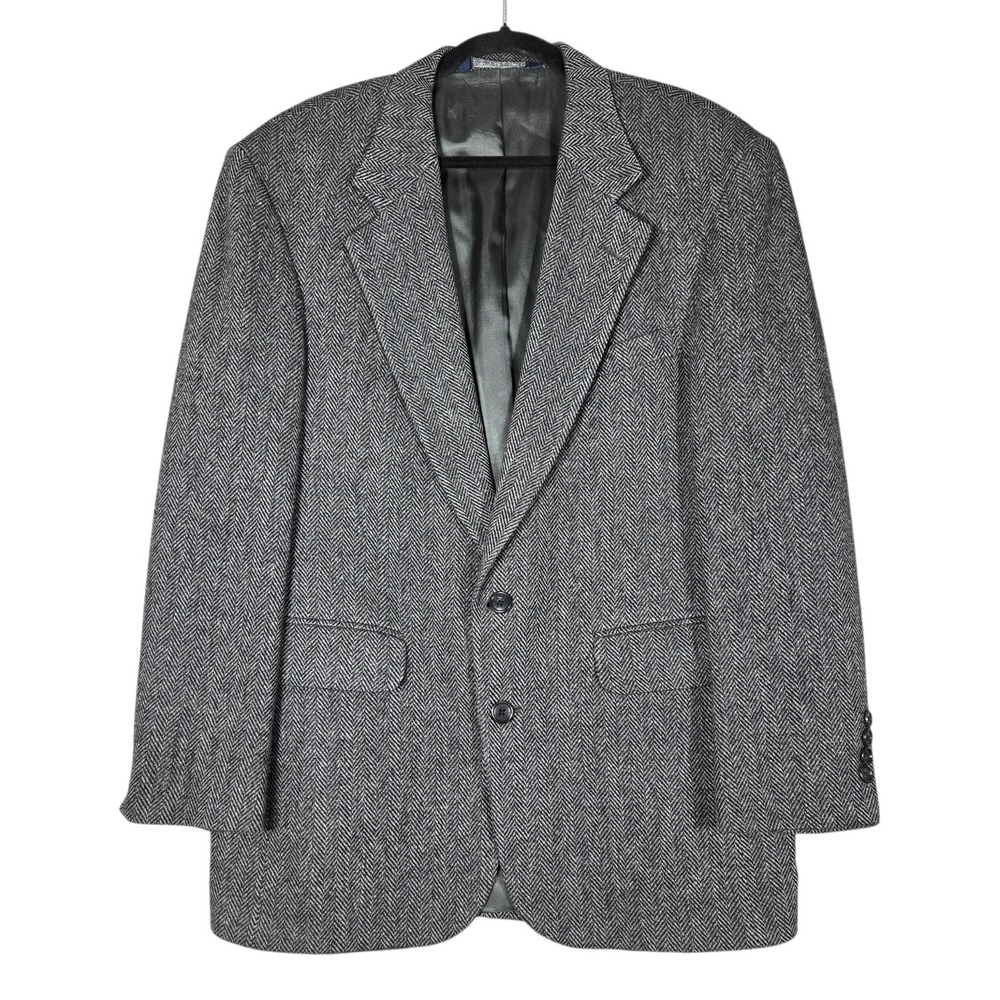 Vintage 90s Lands End Sport Coat Mens 40R Gray Herringbone Wool Lambswool USA